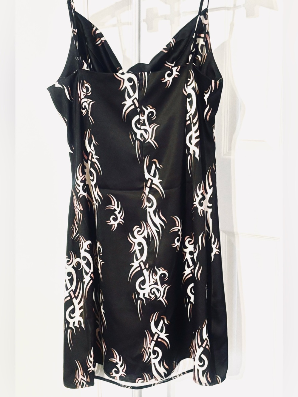 UO Mallory Cowl Slip Dress Mini dress- New Black Satin Flame Tribal Design Sz L - Picture 6 of 9